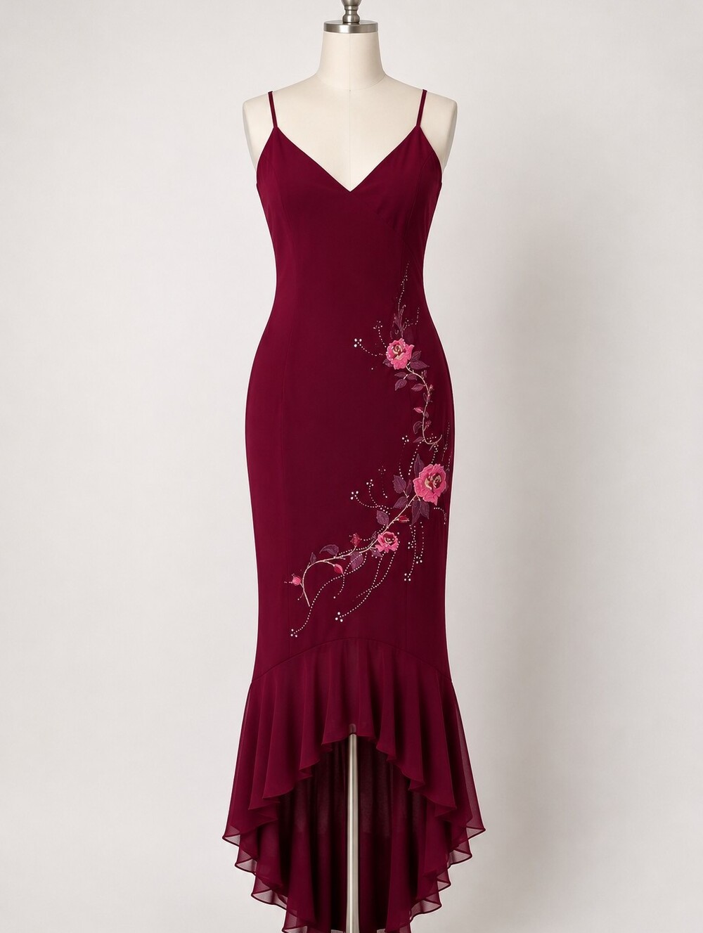 Cicci Burgundy Embroidered Mermaid Evening Gown Rhinstone Floral Dress M Vintage